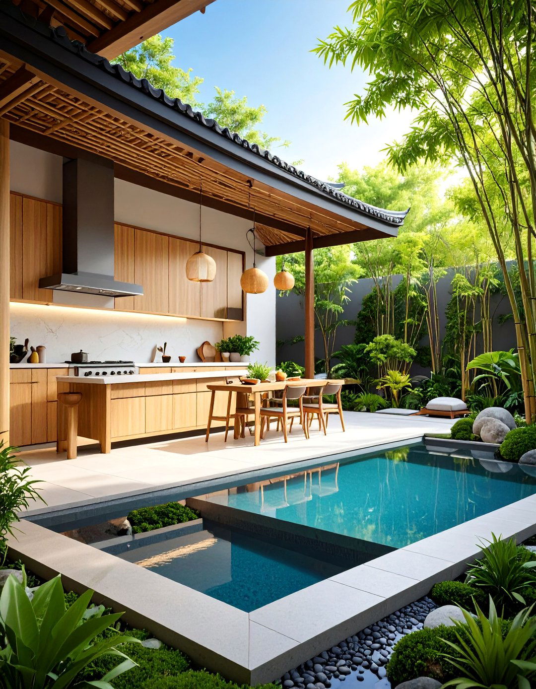 Asian Inspired Outdoor Kitchen with Zen Garden Elements - 25 Outdoor Kitchen Designs