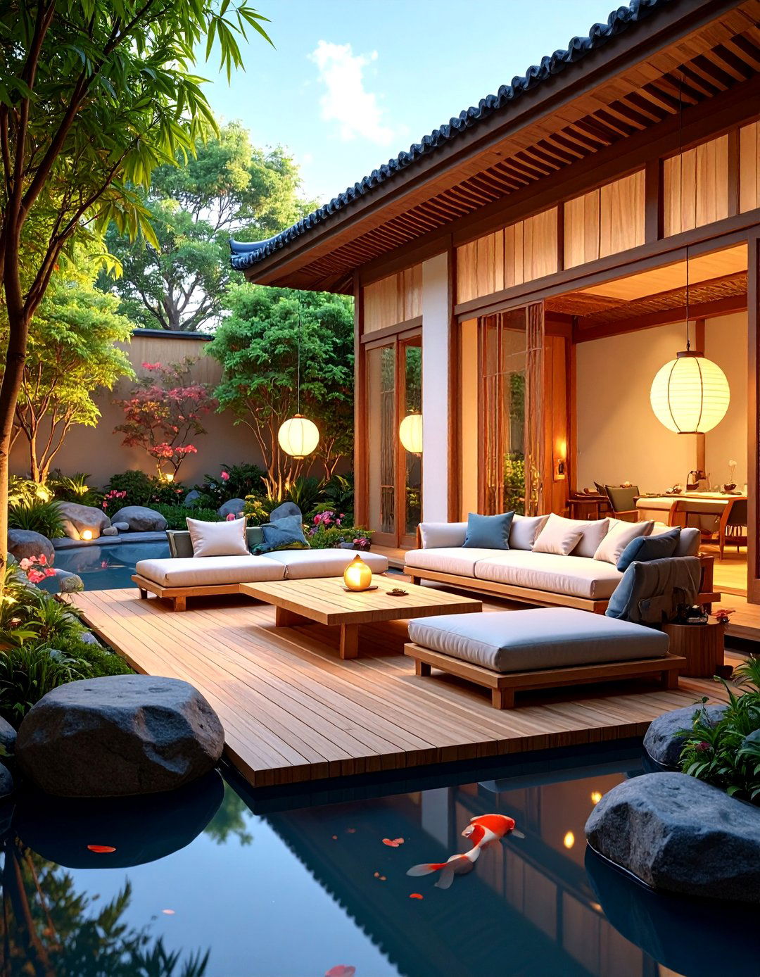 Asian Inspired Outdoor Living Room with Bamboo Screen - 25 Outdoor Living Room Ideas