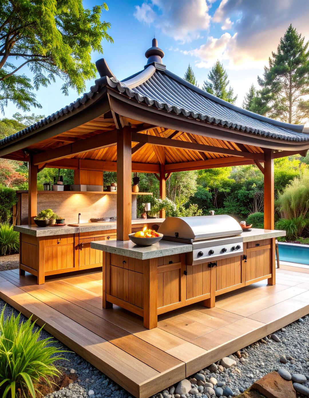 Asian Inspired Pagoda Kitchen with Zen Elements - 25 Outdoor Kitchen with a Gazebo Ideas