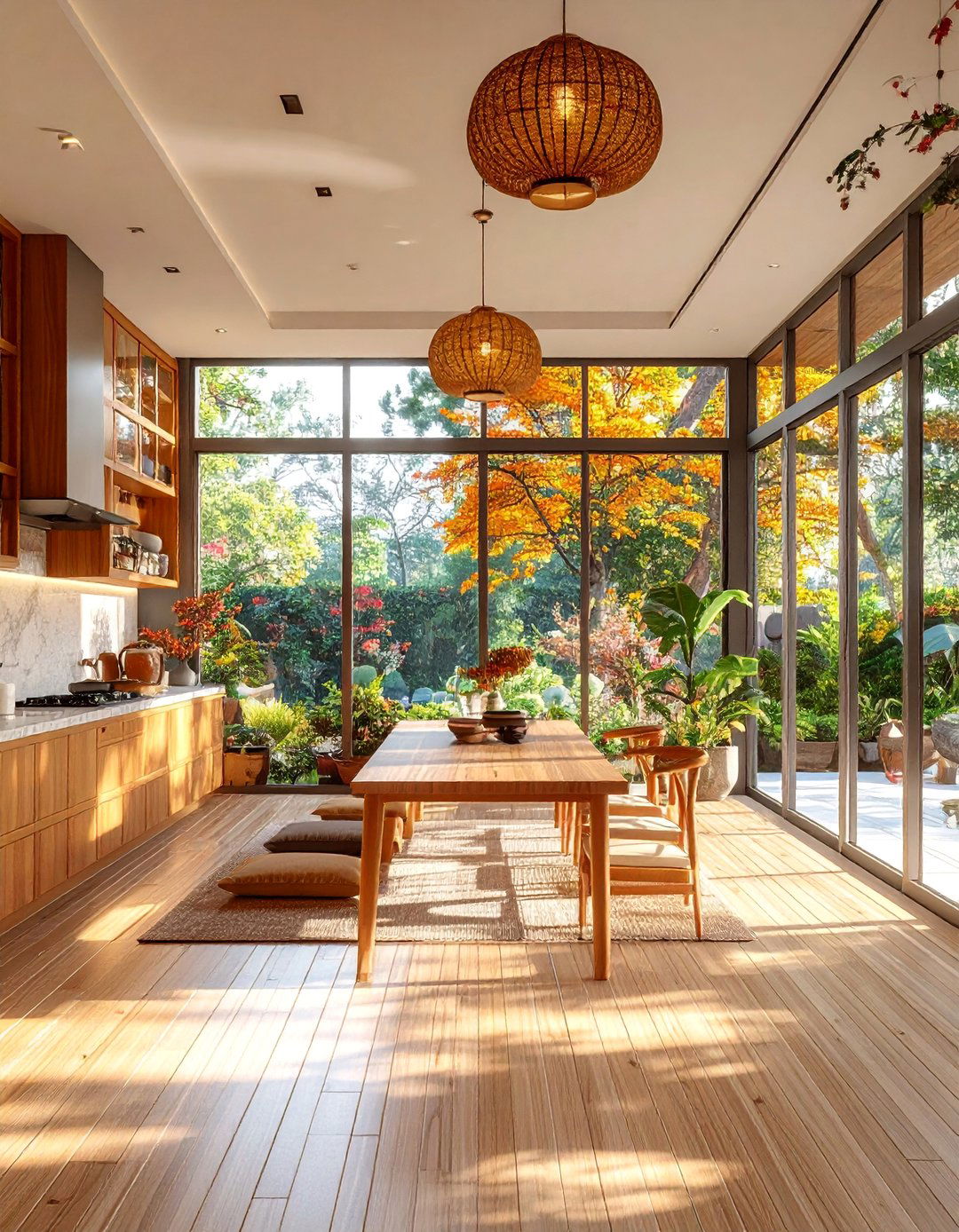 Asian Inspired Sunroom Kitchen with Natural Elements - 25 Sunroom Kitchen Ideas