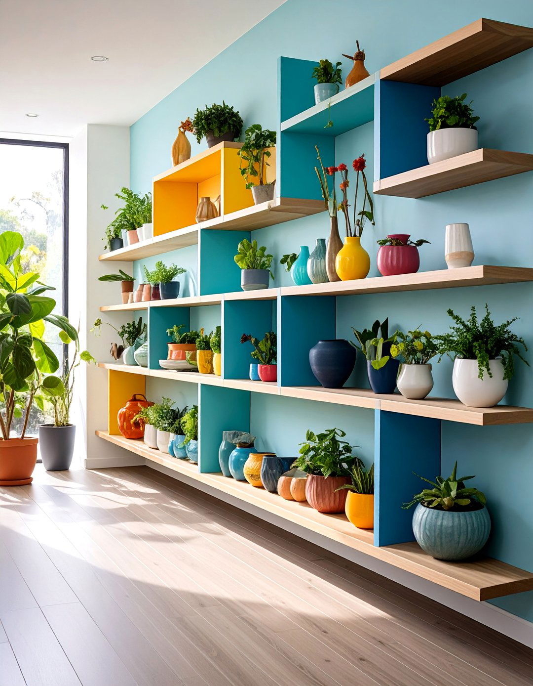 Asymmetrical Floating Shelf Arrangements with Artistic Composition - 25 Floating Shelves Ideas