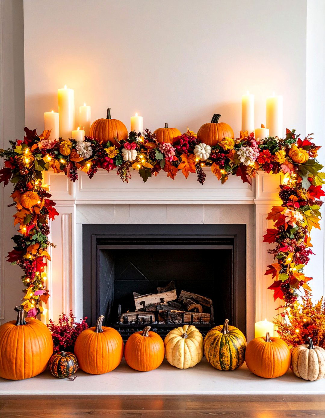 Autumn Mantel Display with Layered Garlands - 25 Thanksgiving Decor Ideas