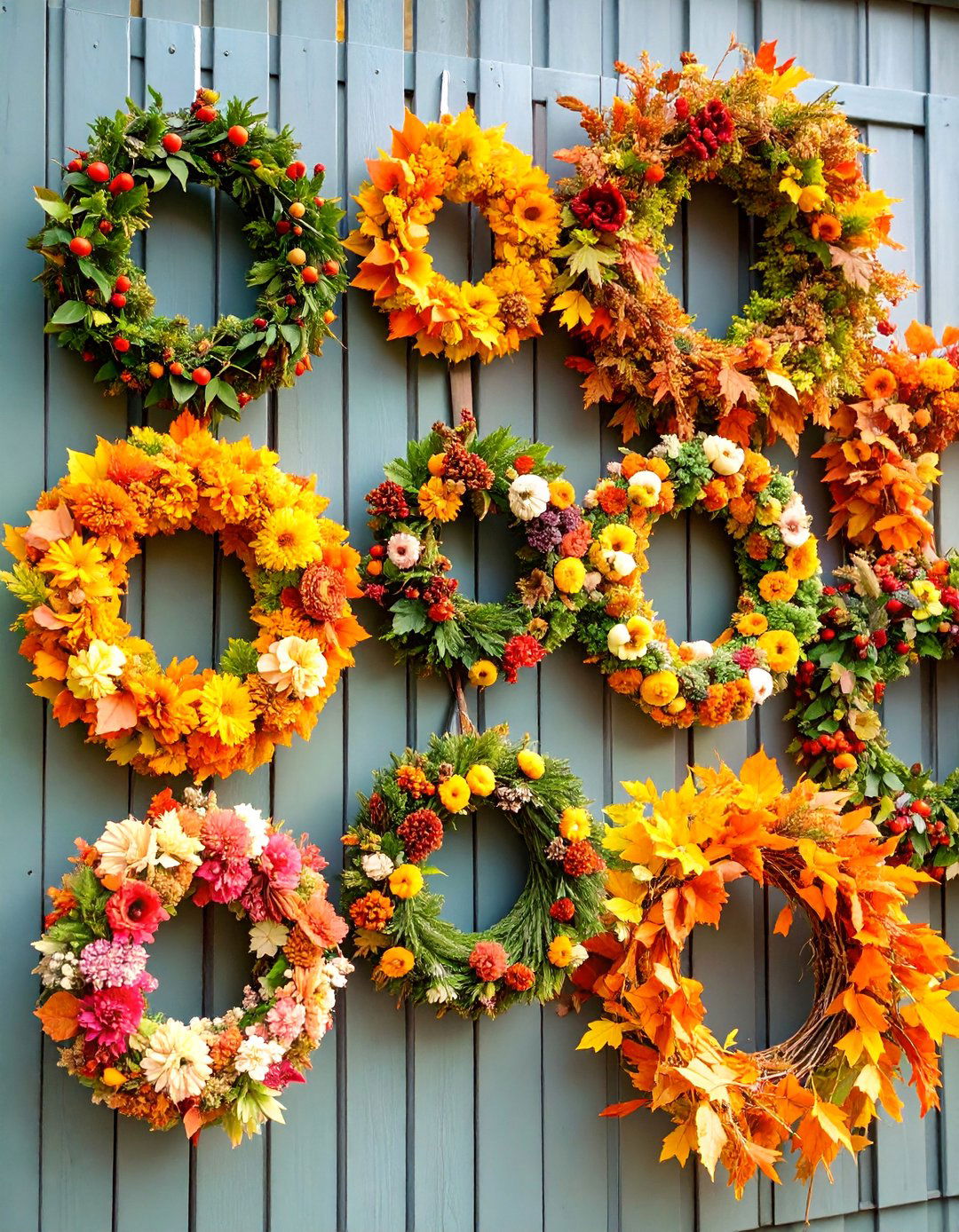 Autumn Wreath Collection Wall - 25 fall outdoor decorating ideas