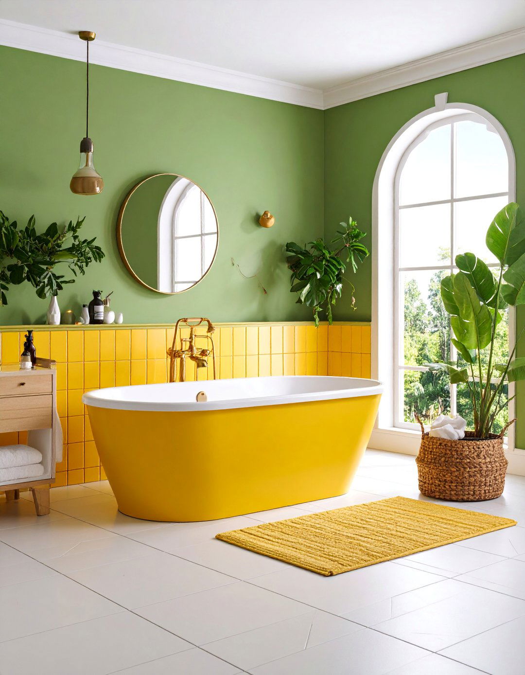 Avocado Green Bath Panel with Butter Yellow Tile Surround - 25 Yellow and Green Bathroom Ideas