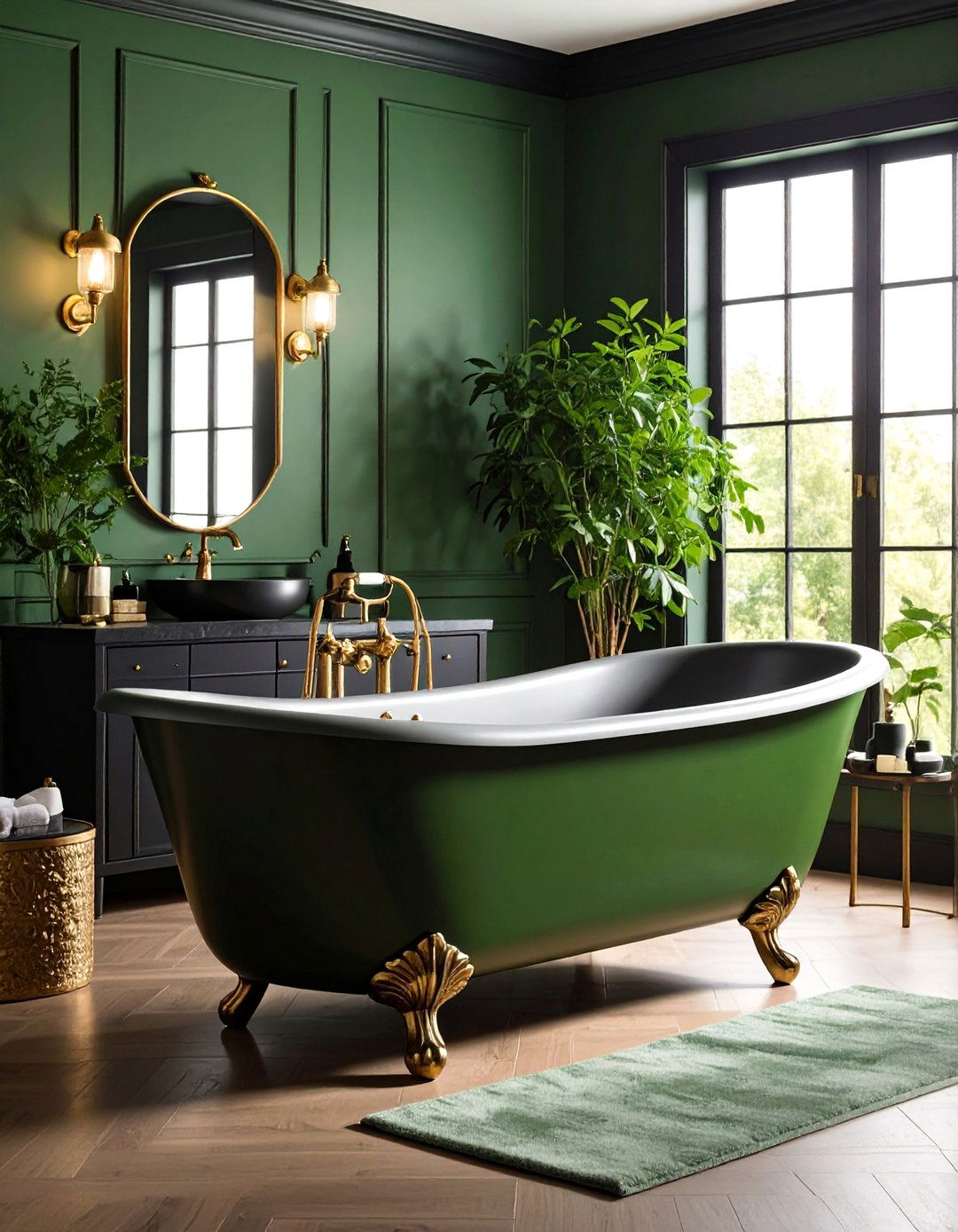 Avocado Green Clawfoot Tub with Black Fixtures - 25 Black and Green Bathroom Ideas