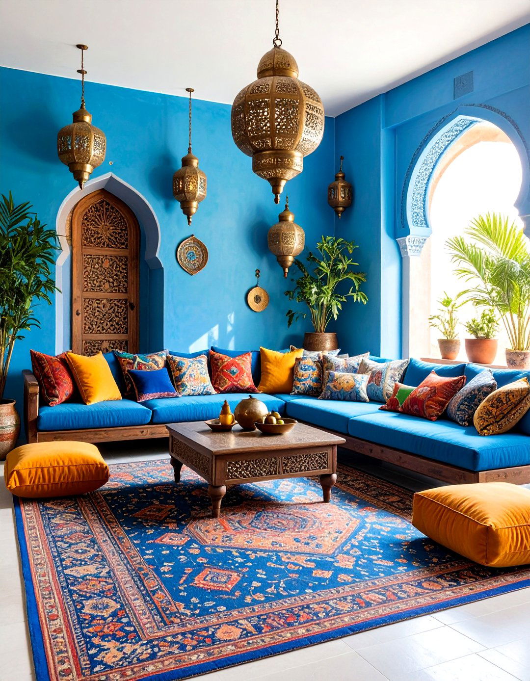 Azure Blue Moroccan Living Room with Exotic Patterns - 25 Blue Living Room Ideas