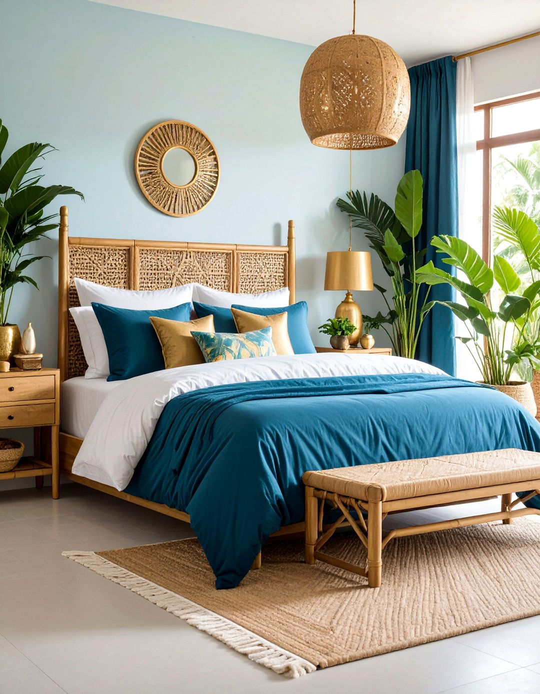 Azure Blue and Bright Gold Tropical Bedroom - 25 Blue and Gold Bedroom Ideas