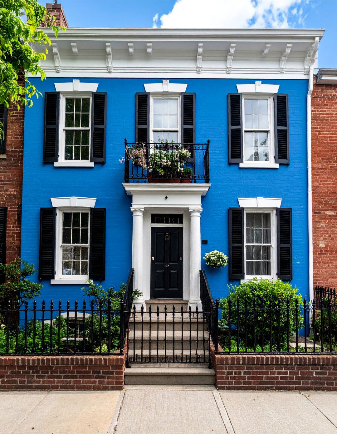 Baby Blue Townhouse with Black Iron Railings - 25 Blue House With Black Trim Ideas