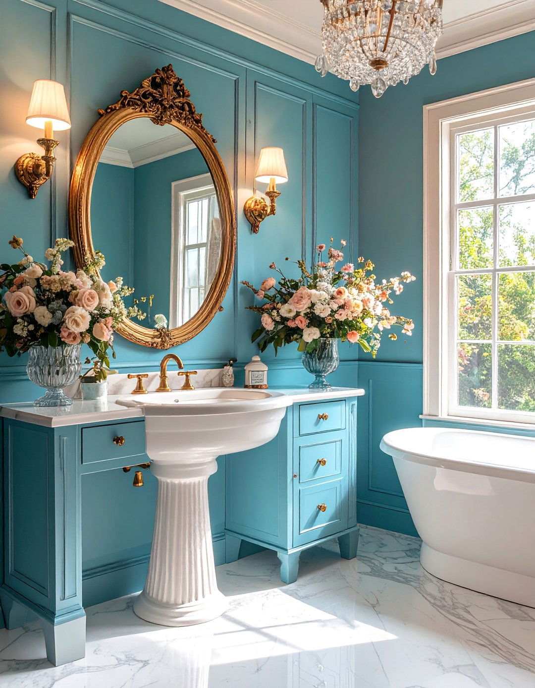 Balboa Mist Vintage Inspired Powder Room with Brass Fixtures - 25 Light Gray Paint Colors for Your House