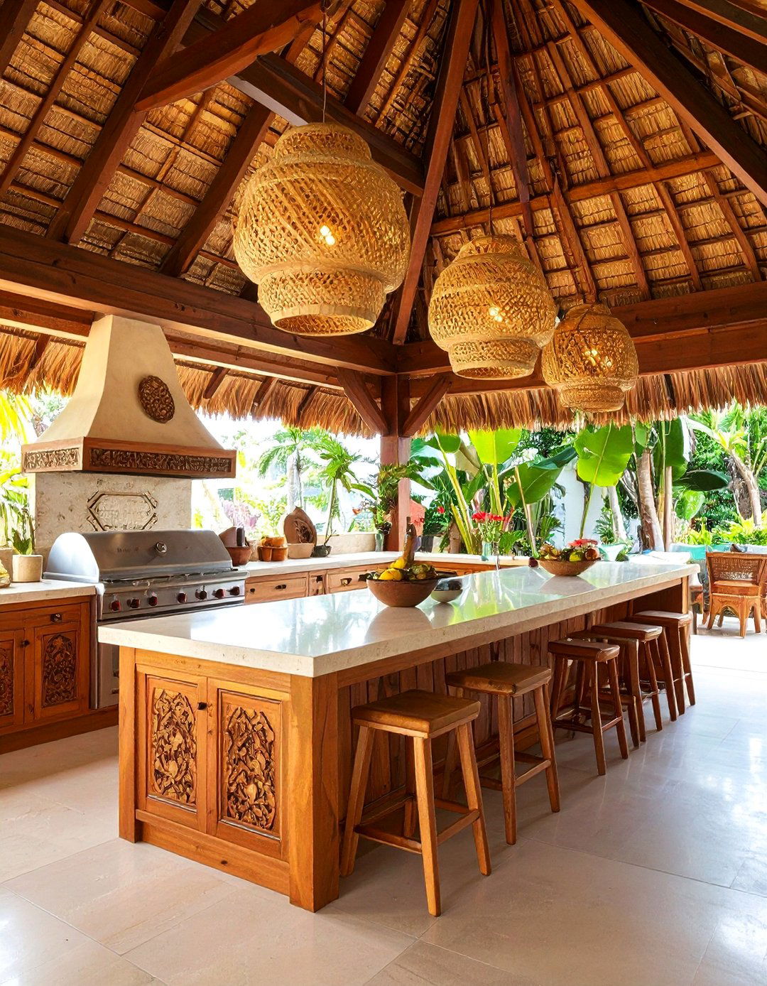 Balinese Inspired Lanai Kitchen with Carved Wood Details - 25 Lanai Kitchen Ideas