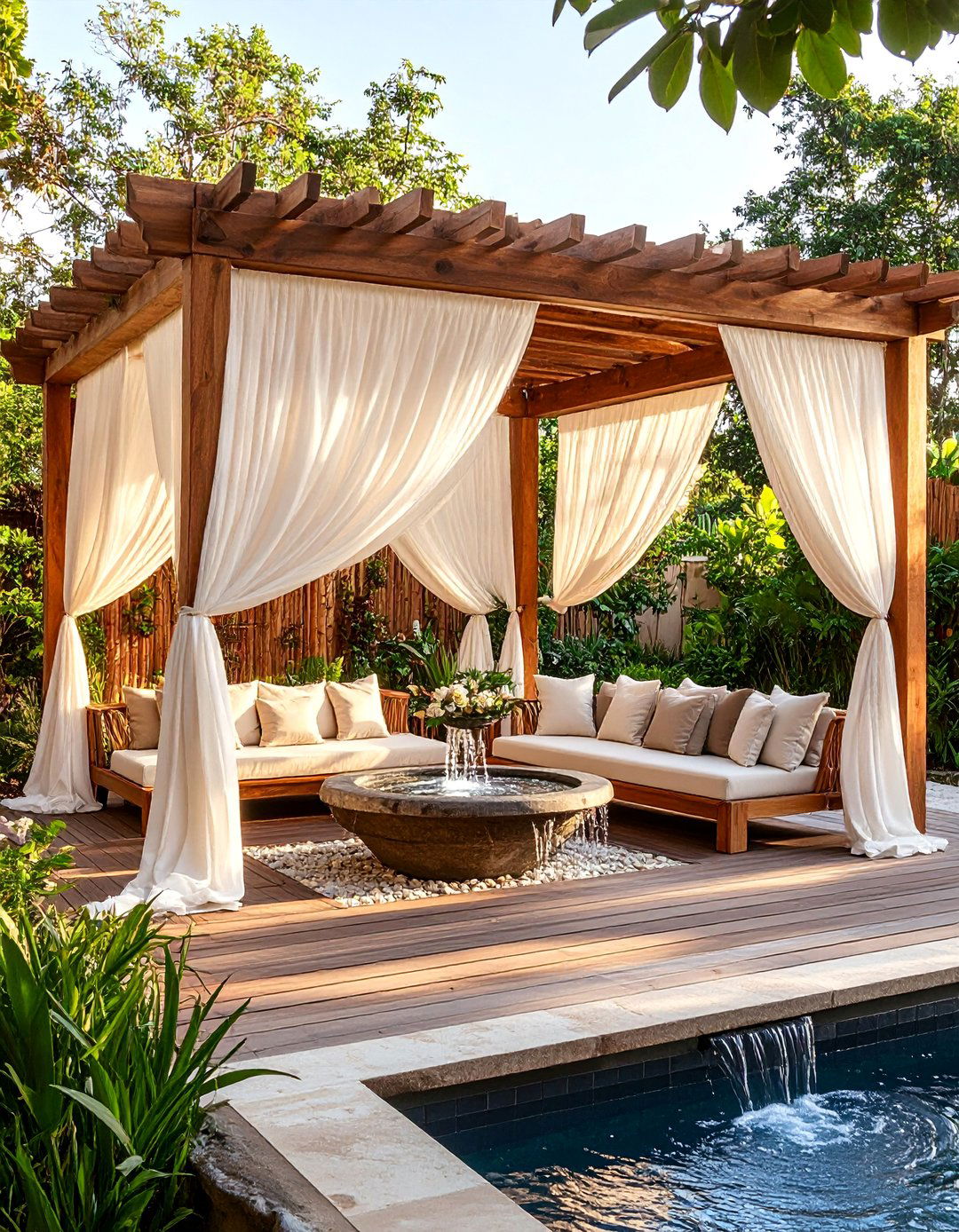 Balinese Zen Patio with Flowing Pergola Curtains - 25 Tropical Patio Ideas