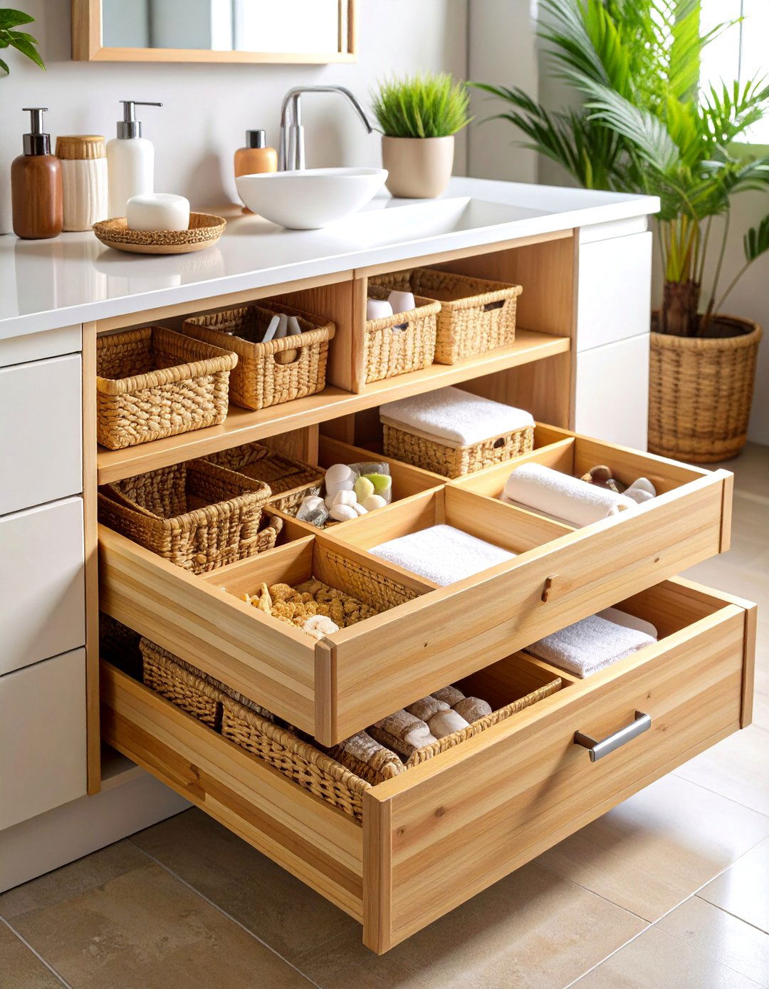 Bamboo Drawer Divider System with Natural Storage Baskets - 25 Bathroom Cabinet Organization Ideas