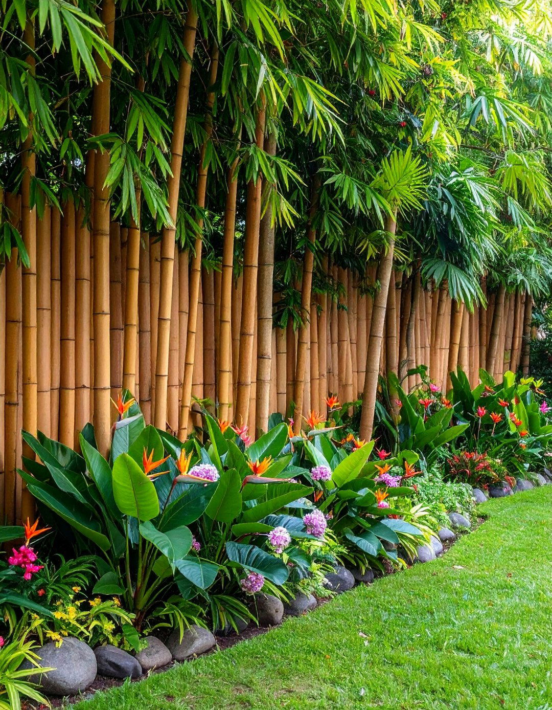 Bamboo Garden Border with Tropical Plant Combinations - 25 Low Maintenance Garden Border Ideas