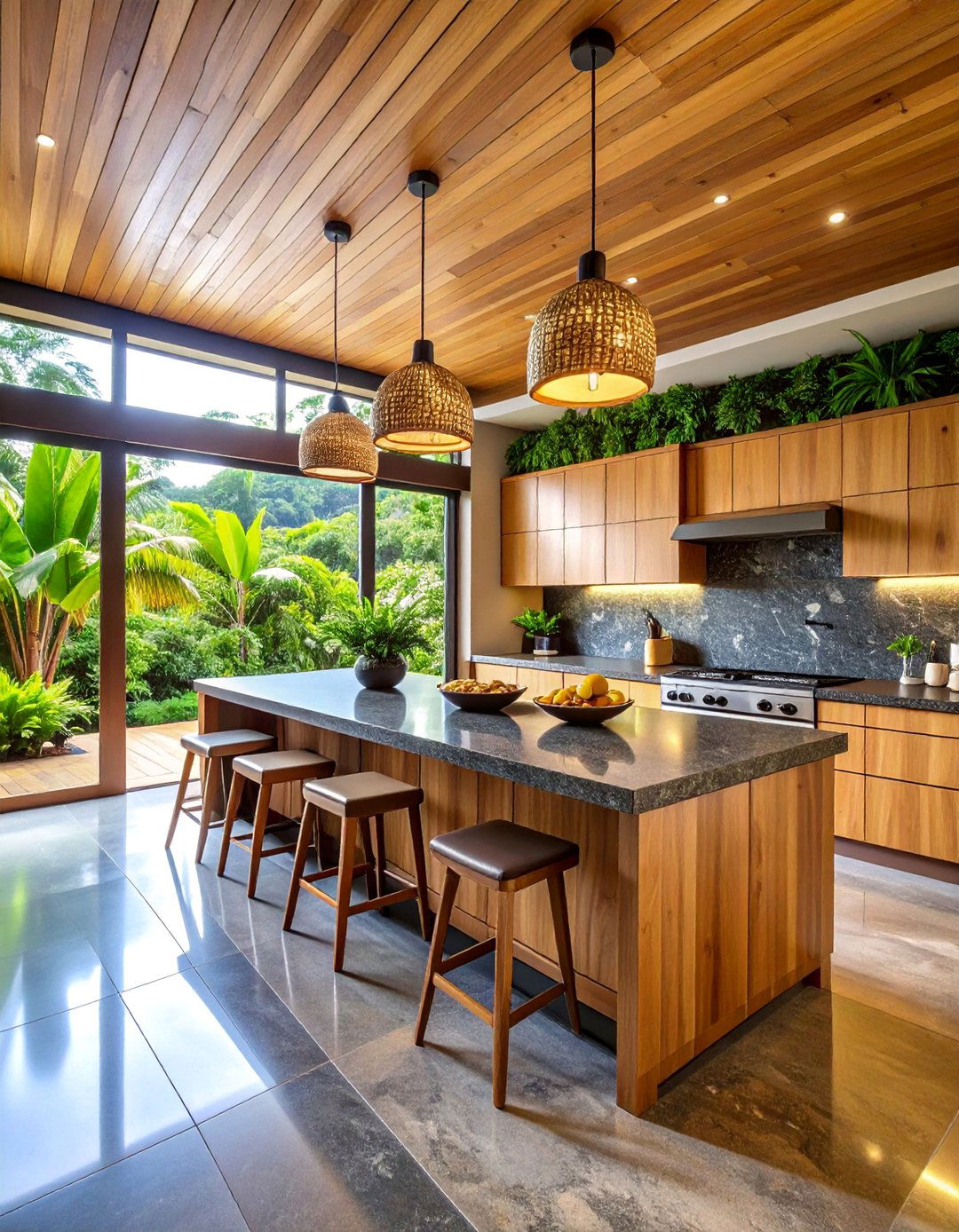 Bamboo Kitchen with Natural Stone Accents - 25 Hawaiian Interior Design Ideas
