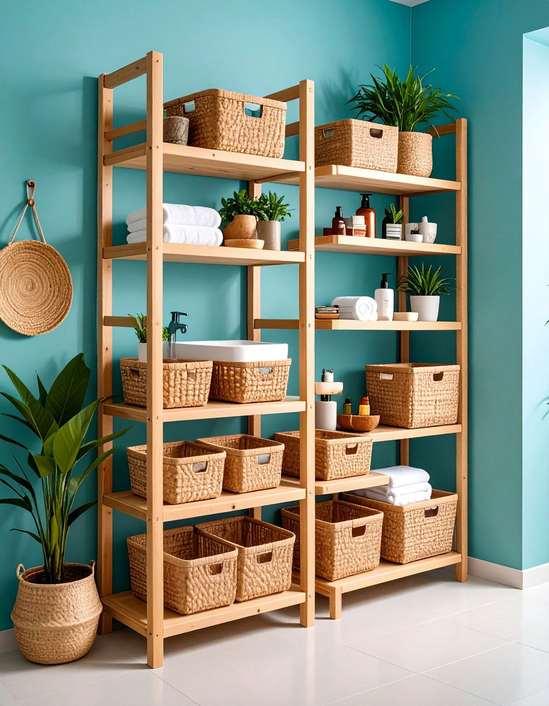 Bamboo Ladder Shelving with Woven Basket Inserts - 25 Bathroom Storage Ideas