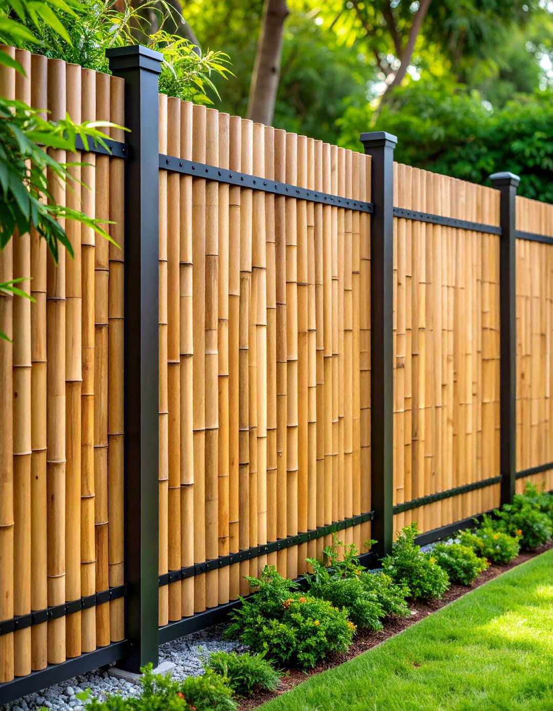 Bamboo Panel Fence with Black Posts - 25 Privacy Fence Ideas