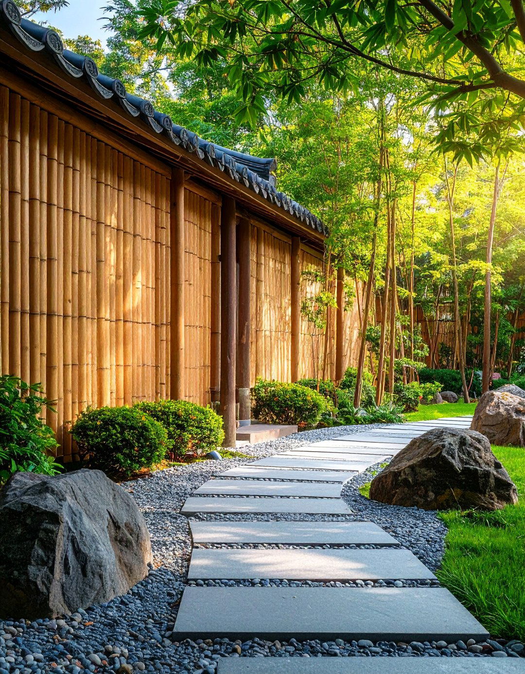 Bamboo Roll Fencing with Natural Stone Pillars - 25 Decorative Fence Ideas