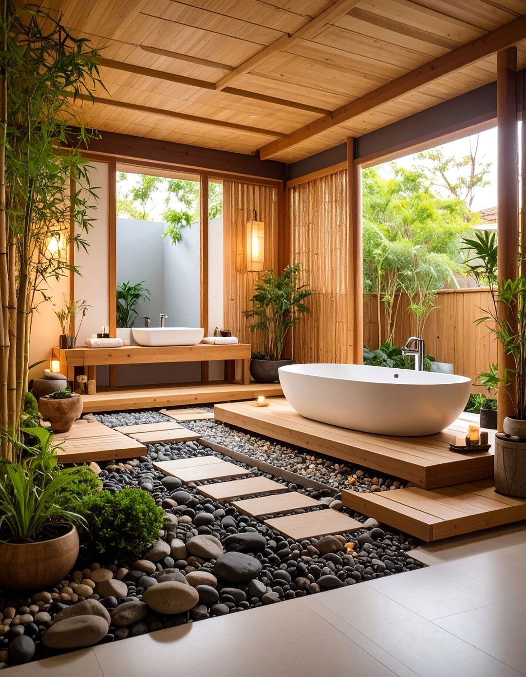 Bamboo Screening with Zen Garden Elements - 25 Rustic Outdoor Bathroom Ideas