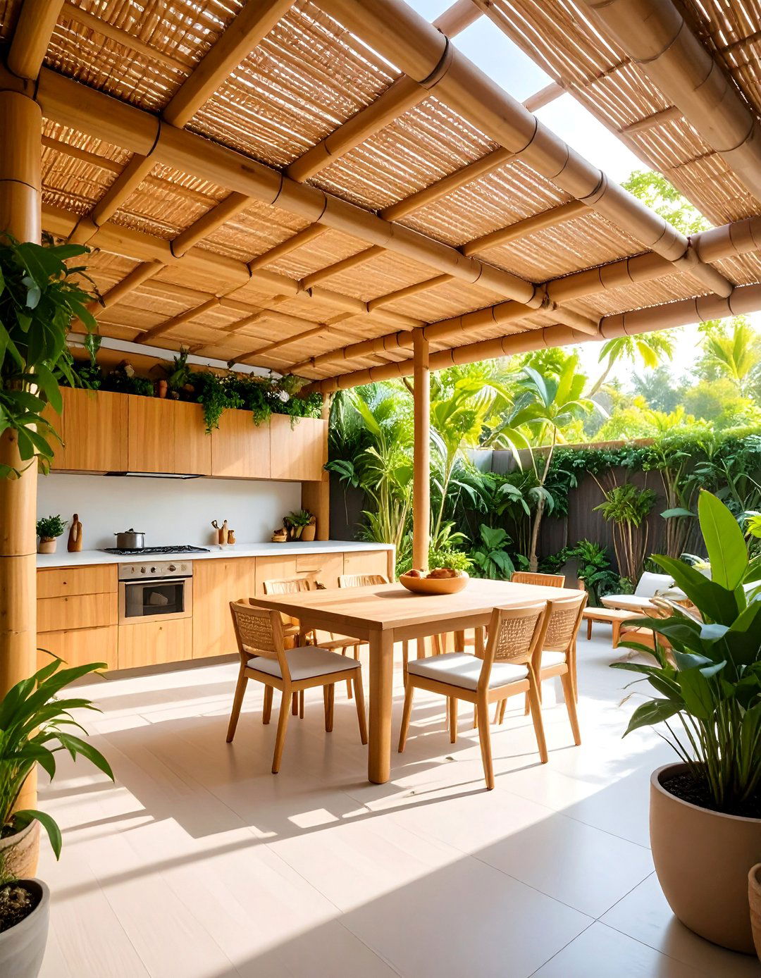 Bamboo Shade Structure with Sustainable Materials - 25 Outdoor Kitchen Roof Ideas