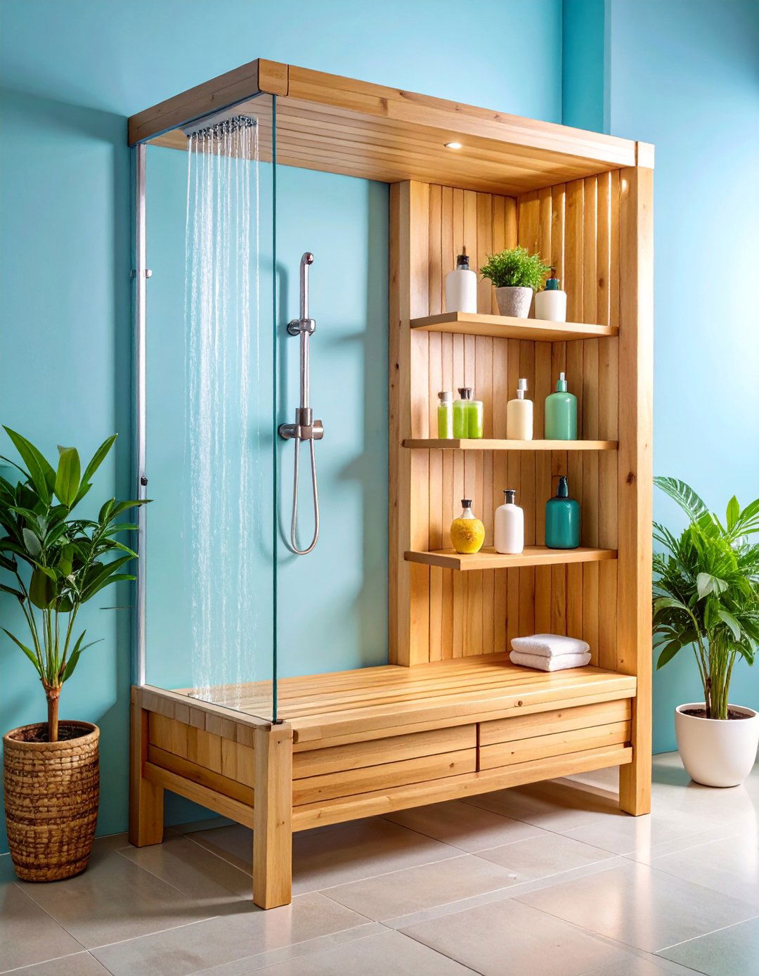 Bamboo Shower Bench with Two Tier Storage - 25 Shower Bench Ideas