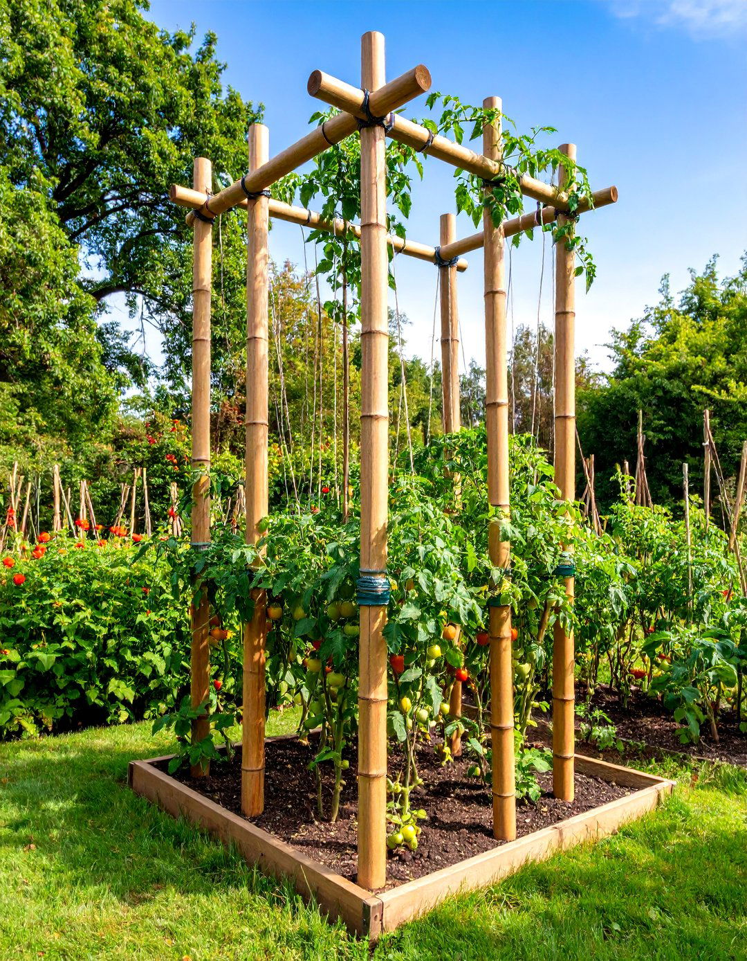 Bamboo Tower Trellis with Cross Supports - 25 Tomato Trellis Ideas