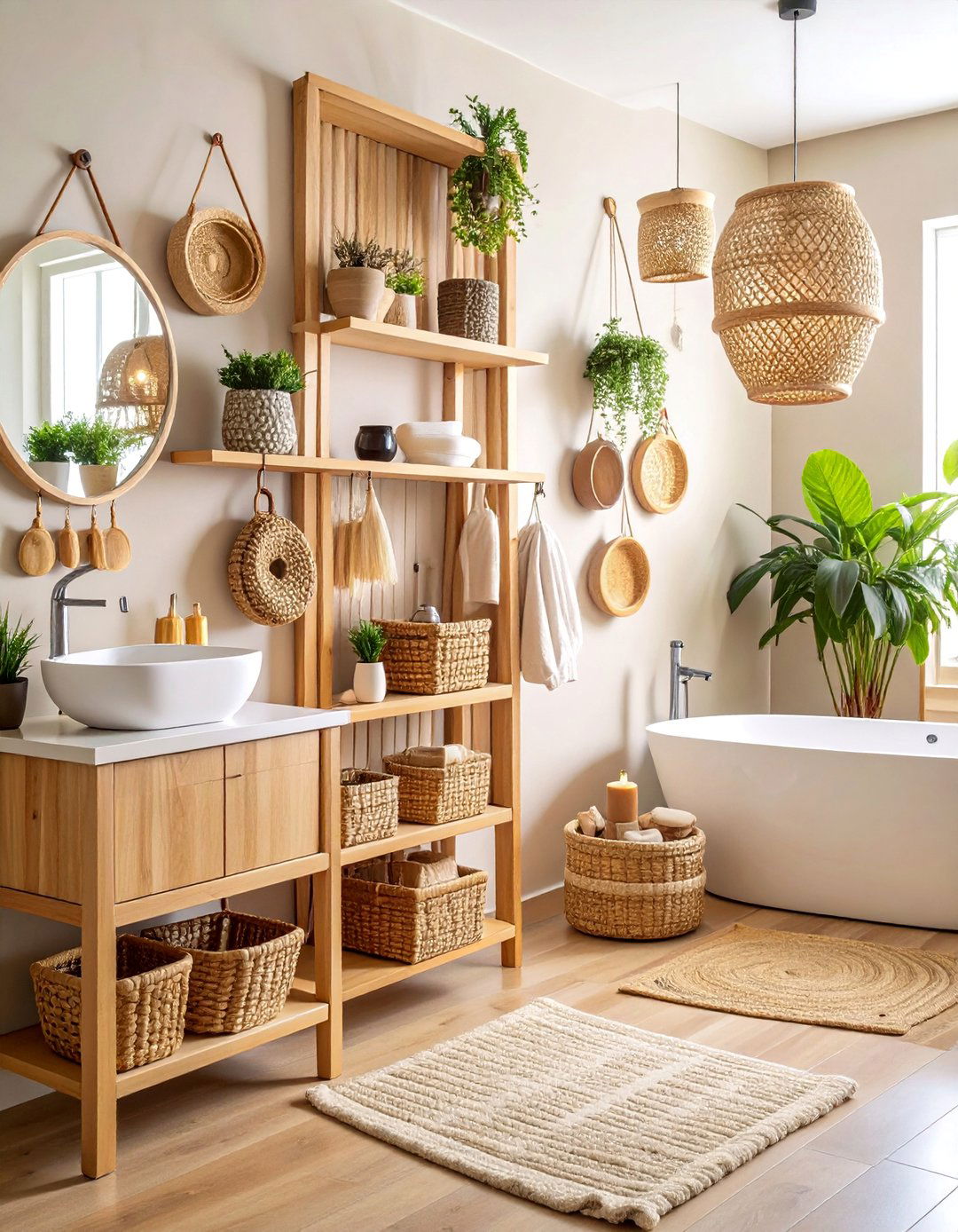 Bamboo Wall Grid with Hanging Accessories - 25 Bathroom Wall Storage Ideas