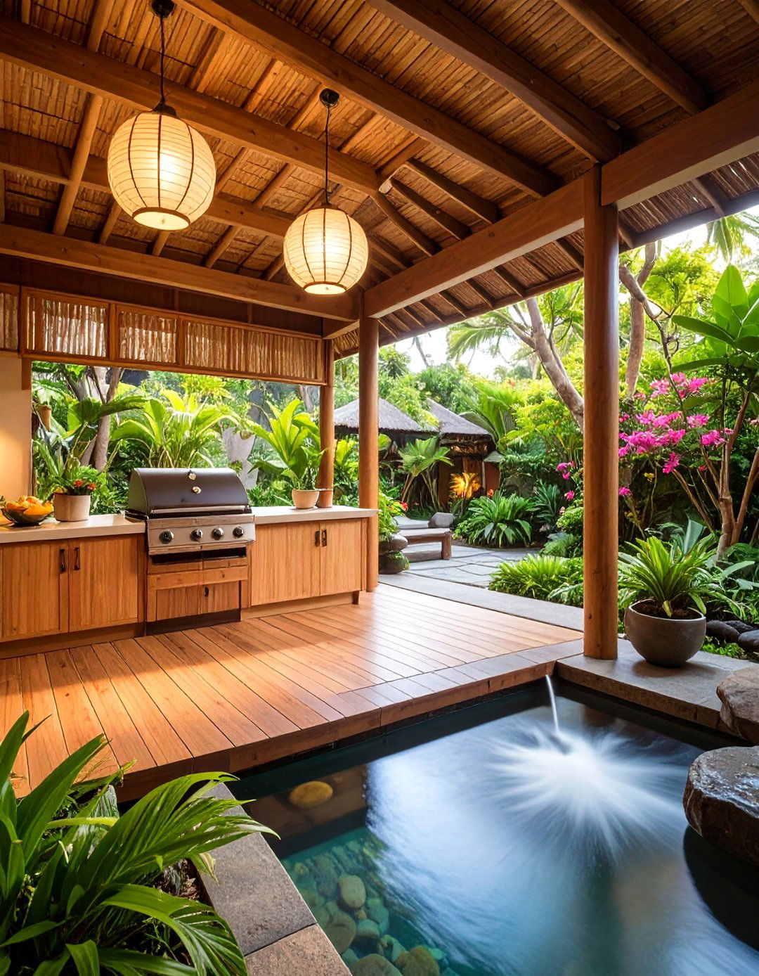 Bamboo Zen Lanai Kitchen with Water Elements - 25 Lanai Kitchen Ideas