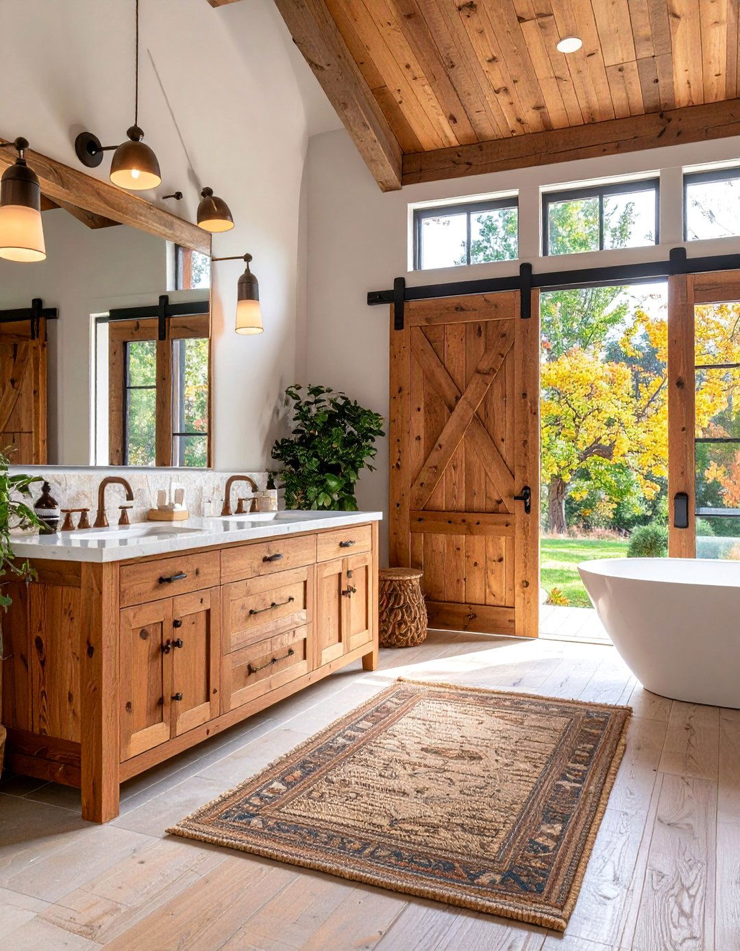 Barn Door Bathroom with Stone Countertops - 25 Modern Farmhouse Bathroom Ideas