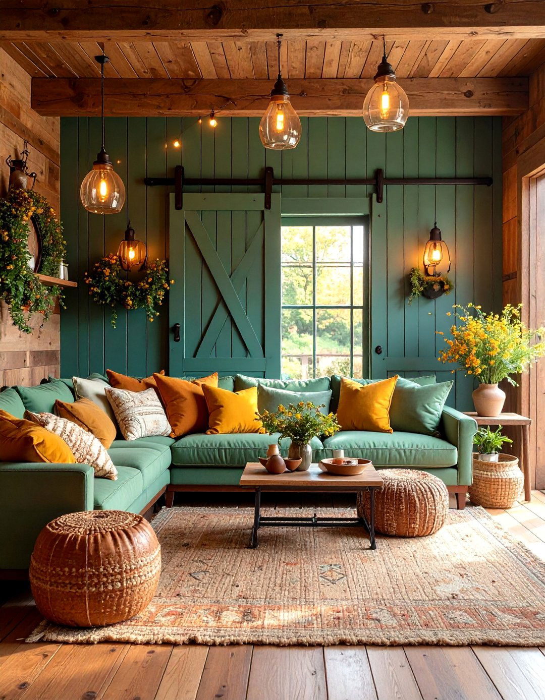 Barn Door Feature with Sage Green Accents - 25 Rustic Sage Green Living Room Ideas