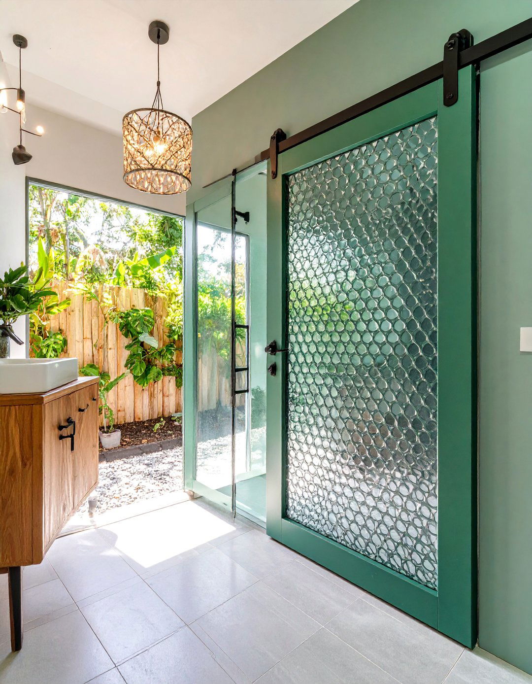 Barn Door with Decorative Metal Mesh Panels - 25 Bathroom Barn Door Ideas