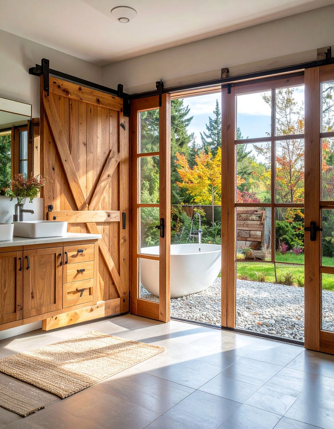 Barn Door with Window Panel Insert - 25 Bathroom Barn Door Ideas
