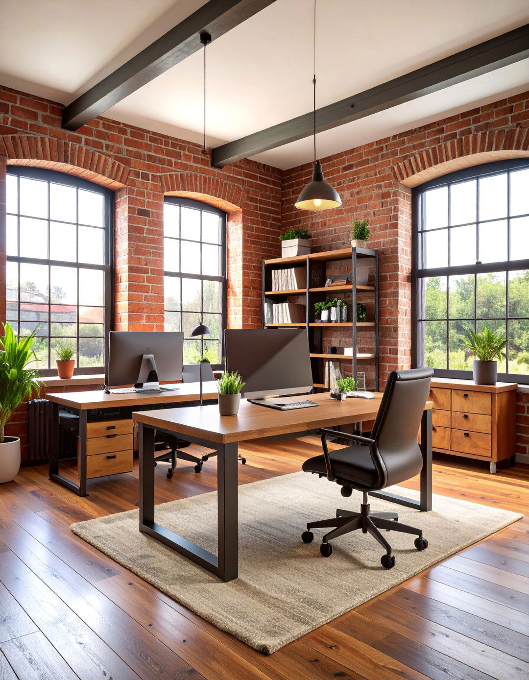 Barndominium Home Office with Exposed Brick Accent Wall - 25 Barndominium Interior Ideas