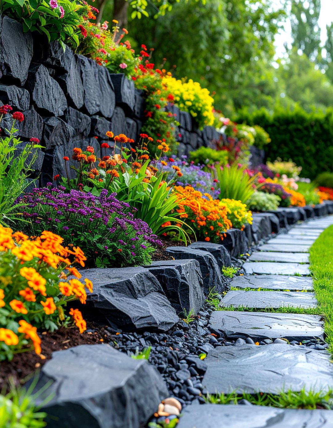 Basalt Volcanic Rock Garden Border Design - 25 Stone Garden Edging Ideas