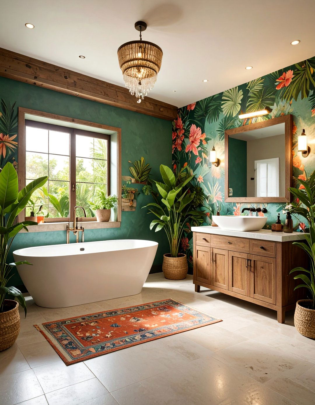 Basement Bathroom with Bold Accent Wallpaper - 25 Basement Bathroom Ideas