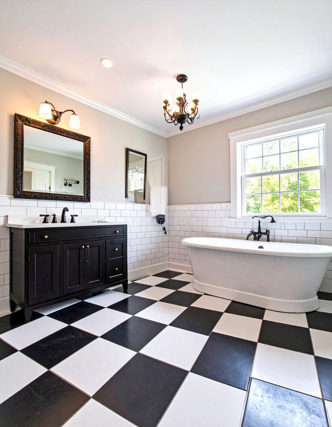 Basement Bathroom with Checkerboard Floors and Classic Design - 25 Basement Bathroom Ideas