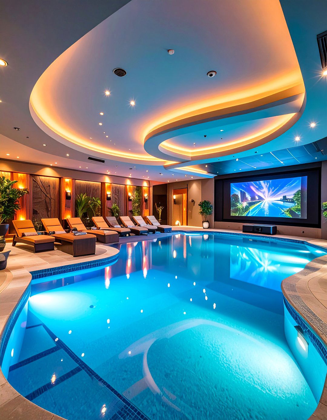 Basement Indoor Pool with Home Theater - 25 Indoor Pool Ideas
