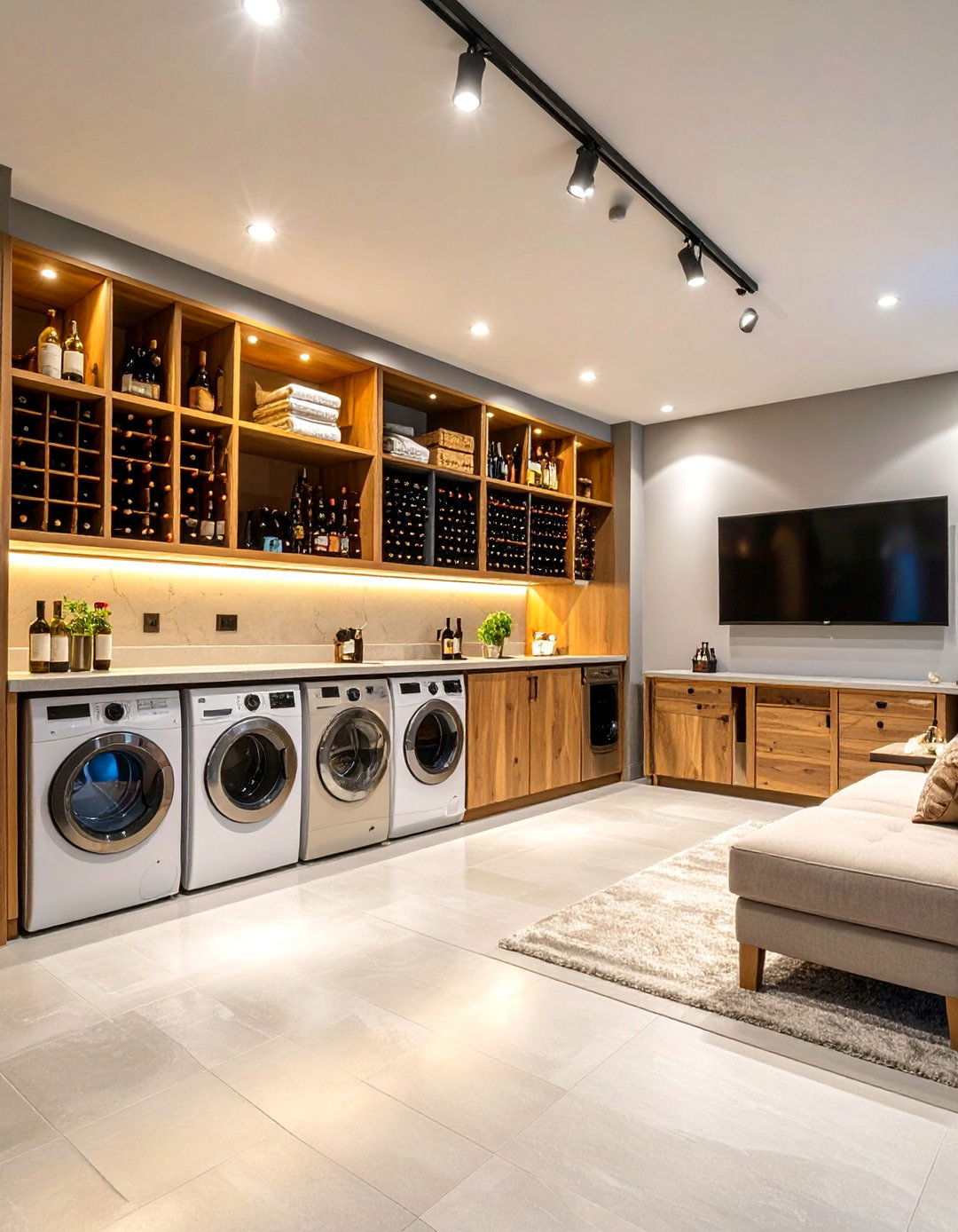 Basement Laundry with Wine Storage and Entertainment Features - 25 basement laundry room ideas