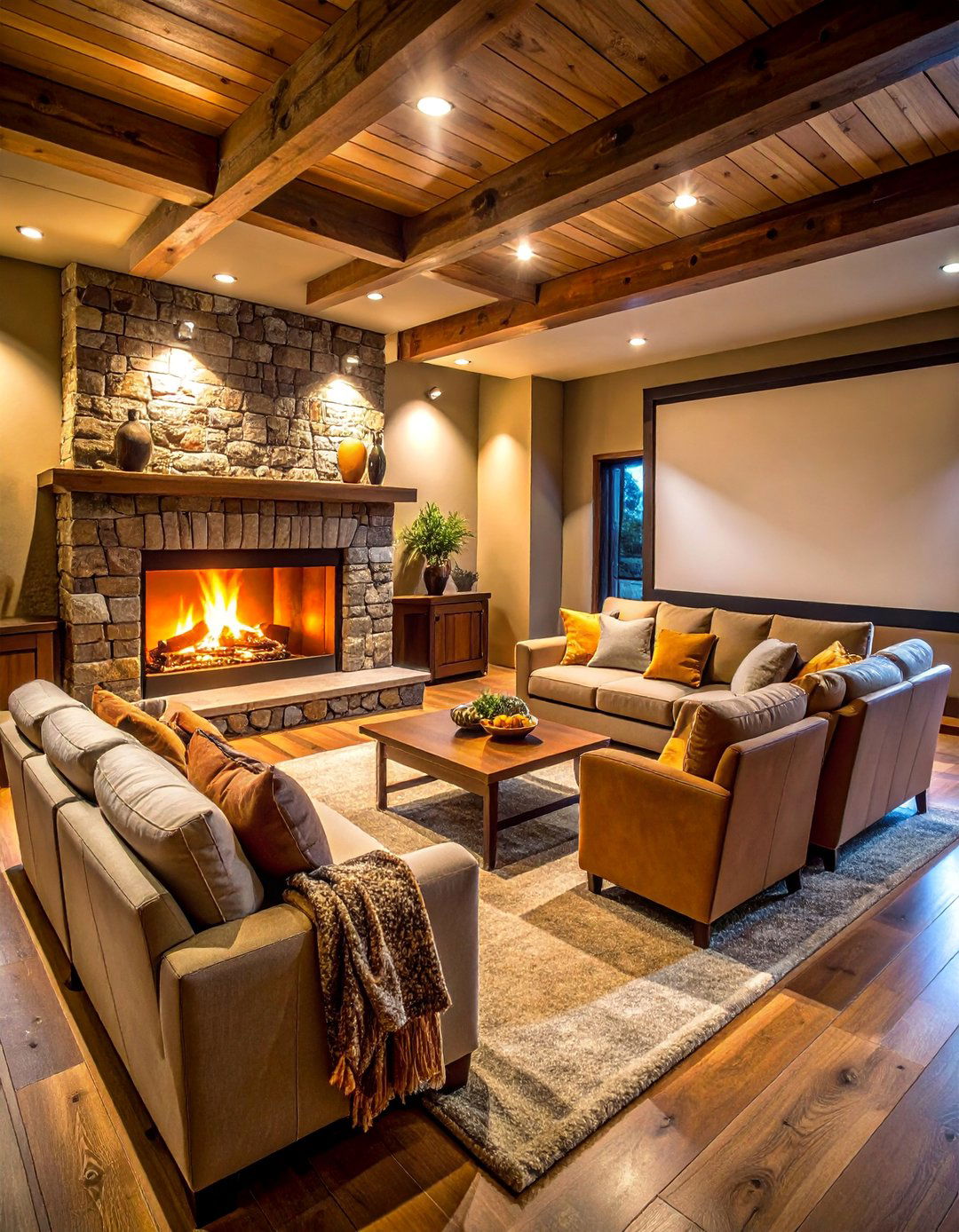 Basement Theater with Fireplace and Cozy Atmosphere - 25 Basement Home Theater Ideas