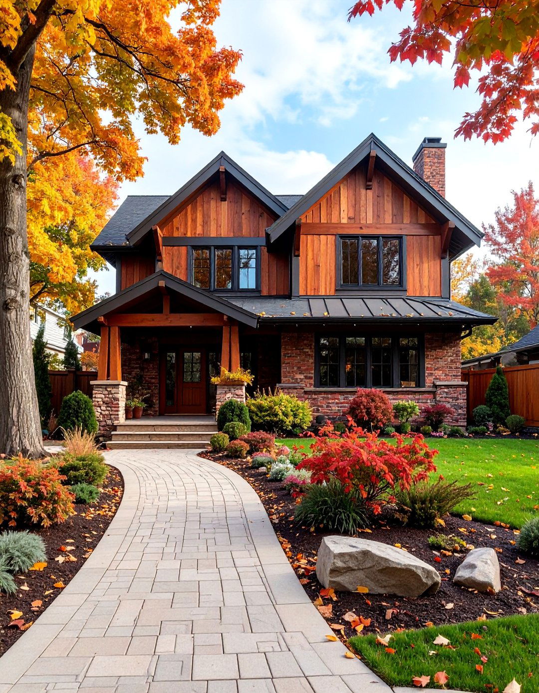 Basket Weave Brick Pattern with Wood Accent Panels - 25 Front Yard Brick Fence Ideas