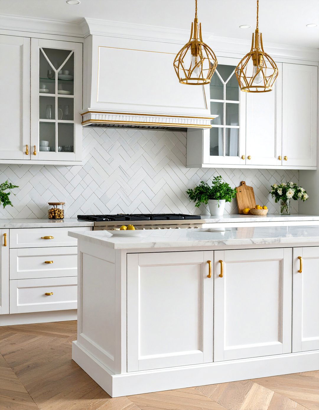 Basket Weave Pattern in Cream Marble - 25 Backsplash Ideas for White Cabinets and Granite Countertops