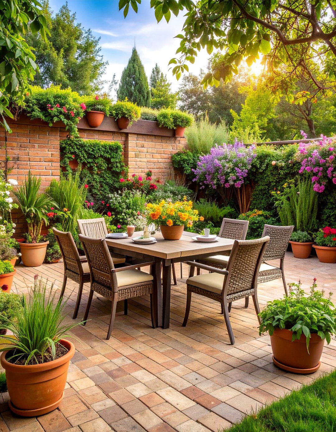 Basketweave Brick Patio with Dining Area - 25 Brick Landscaping Ideas
