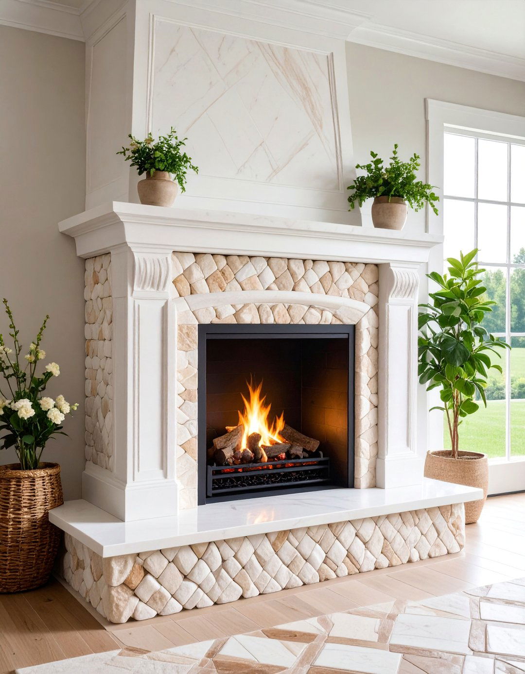 Basketweave Pattern Marble Mosaic Fireplace - 25 Farmhouse Fireplace Tile Ideas