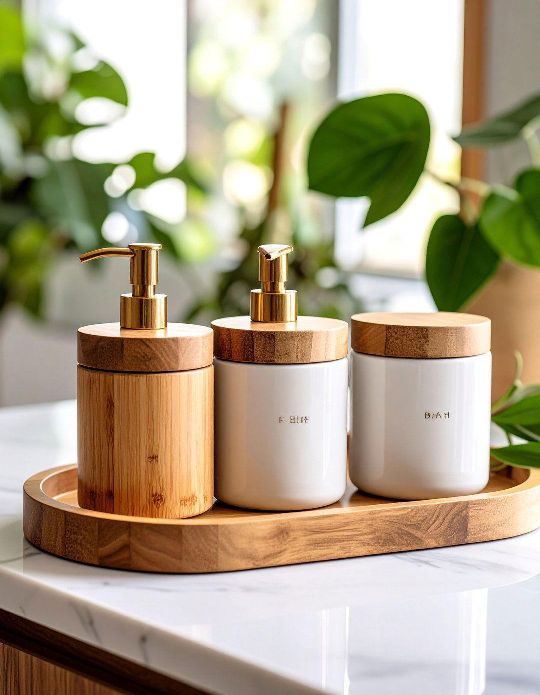 Bathroom Counter Labeled Ceramic Canister Lineup - 25 Bathroom Counter Organization Ideas