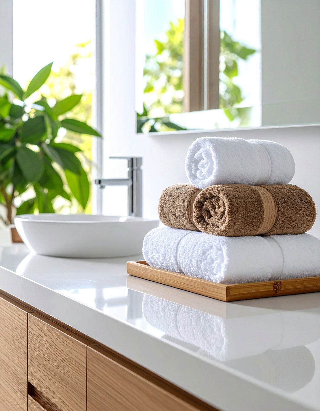 Bathroom Counter Rolled Towel Pyramid Organizer - 25 Bathroom Counter Organization Ideas