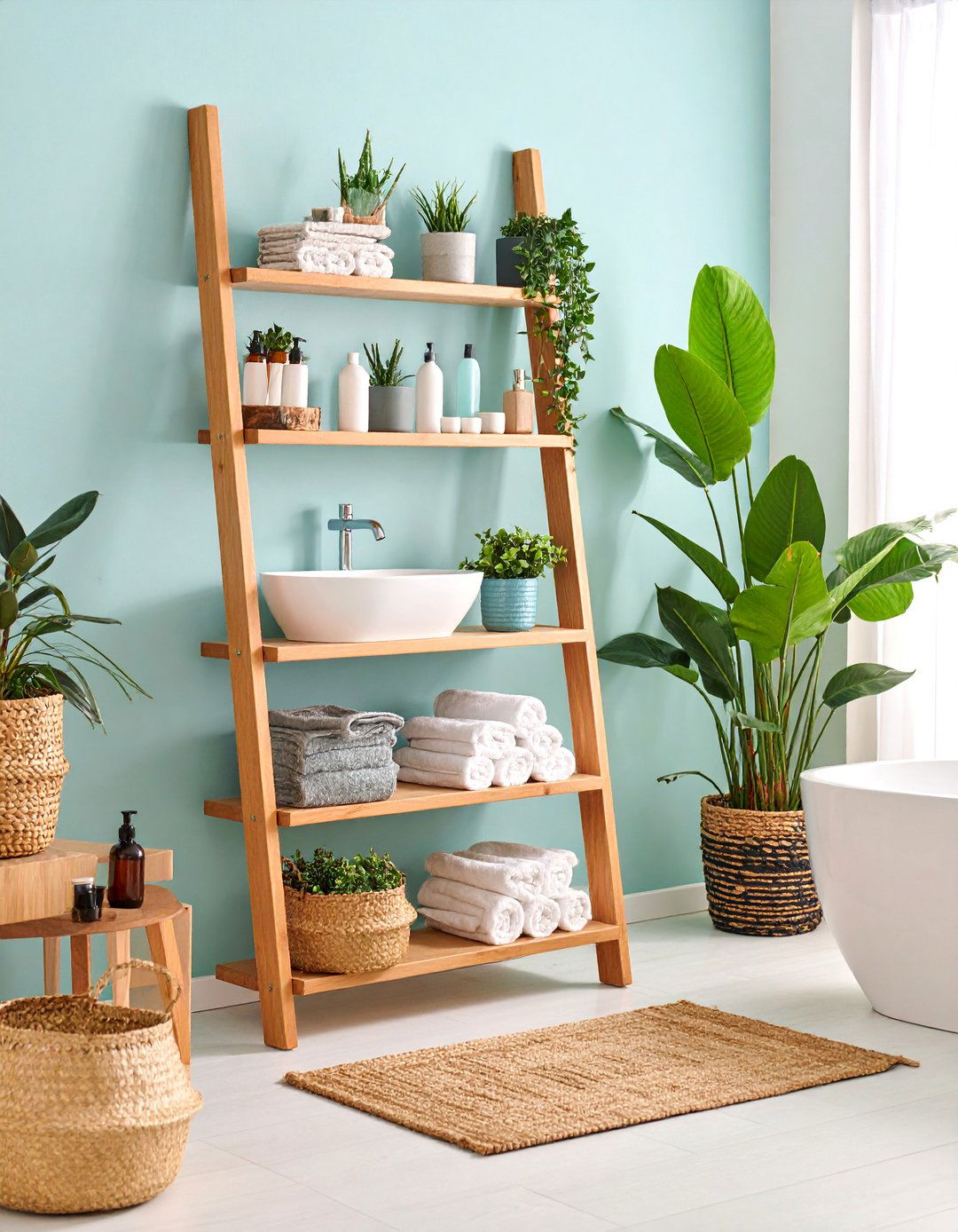 Bathroom Ladder Shelf with Spa Like Organization - 25 small apartment decorating ideas