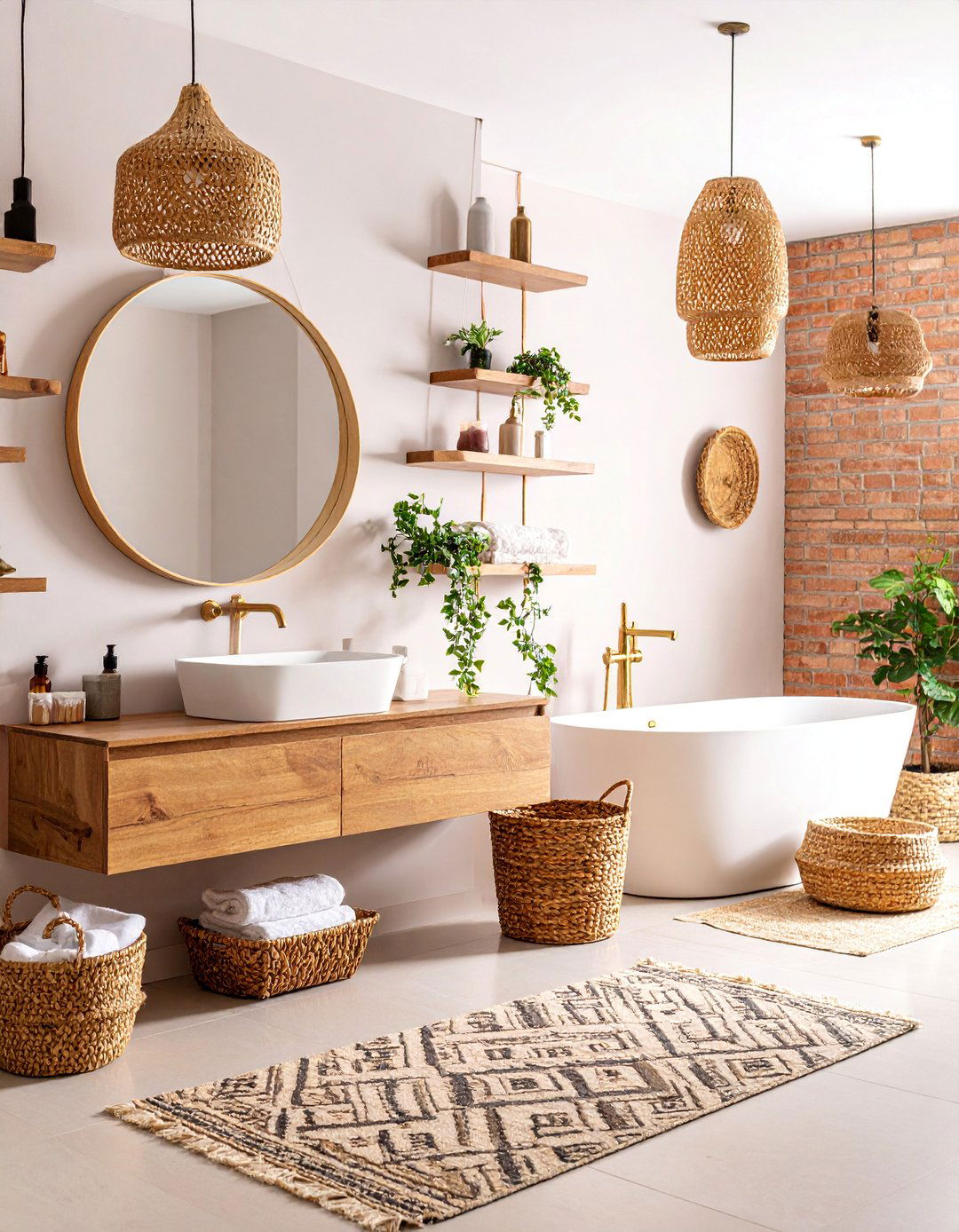 Bathroom with Turkish Rugs and Gold Details - 25 Boho Farmhouse Decor Ideas