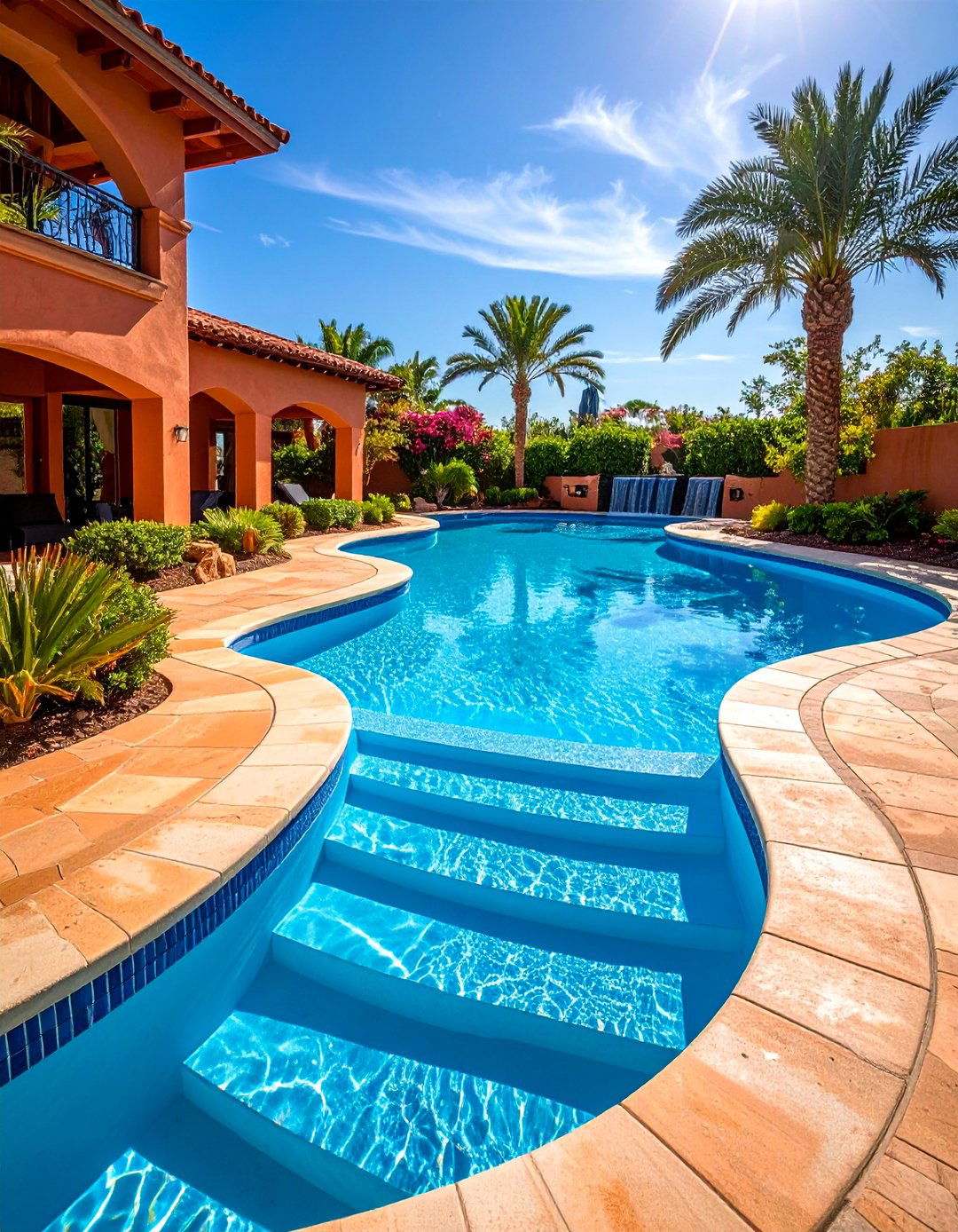 Beach Entry Pool with Coral Stone Coping - 25 Tropical Pool Landscaping Ideas