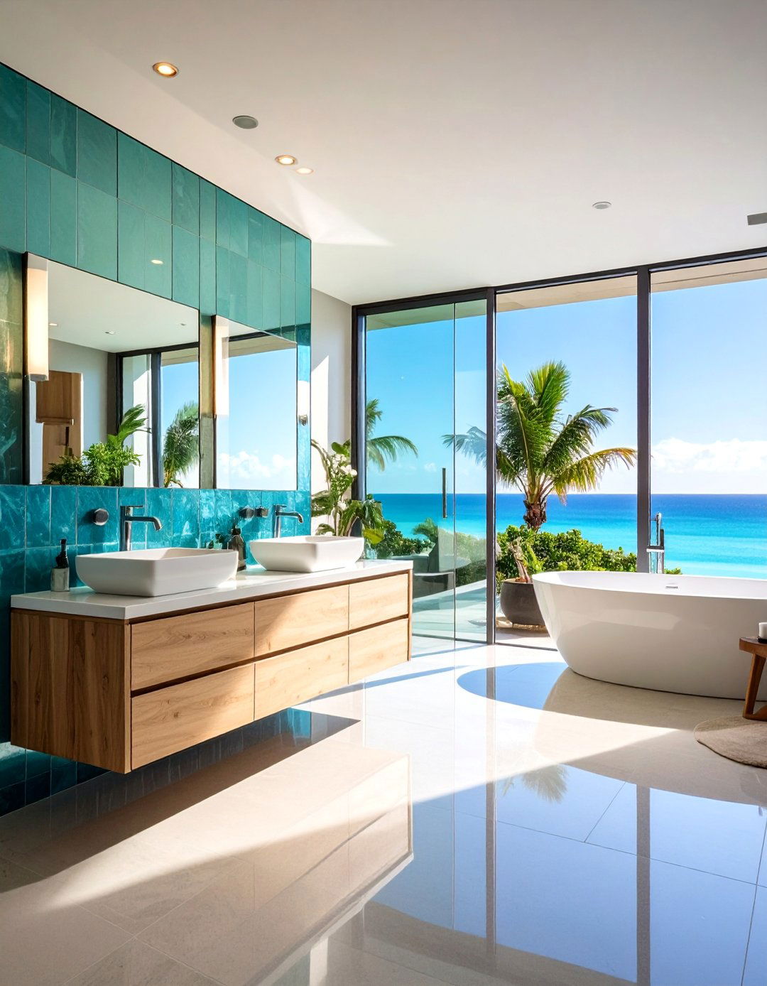 Beach Glass Bathroom with Translucent Tile Work - 25 Coastal Bathroom Ideas