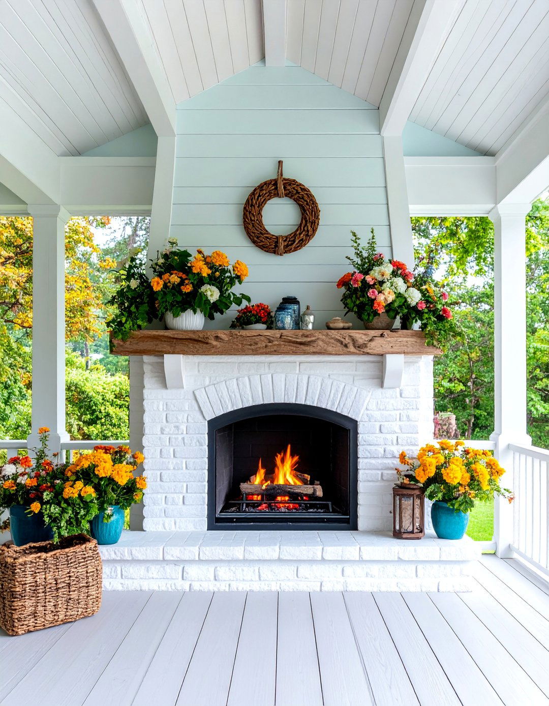 Beach House Porch with Whitewashed Brick Fireplace - 25 Porch Fireplace Ideas