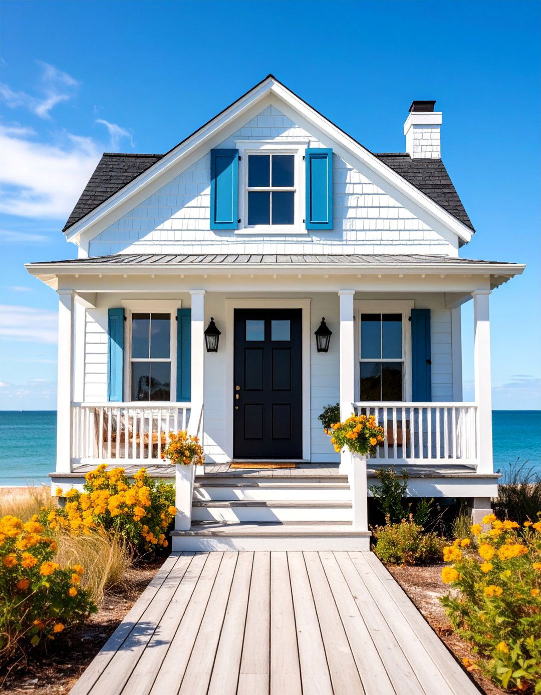 Beach House White Shingle with Nautical Black Door - 25 White House Ideas With Black Doors